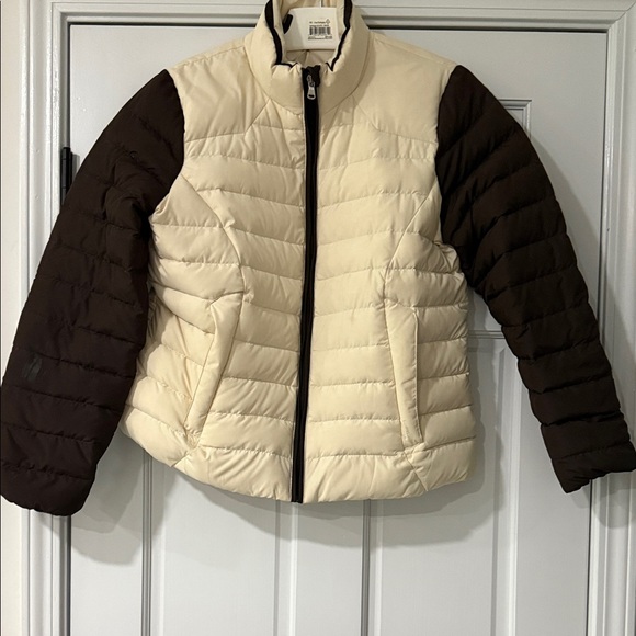 LAUREN-RALPH LAUREN Cream and Brown Puffer Jacket Size L